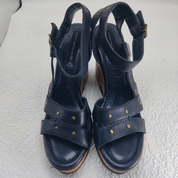 Steve Madden Wood Platform Wedge Heels Leather Ankle Strap Open Toe Sz 7 #224 - Picture 3 of 13